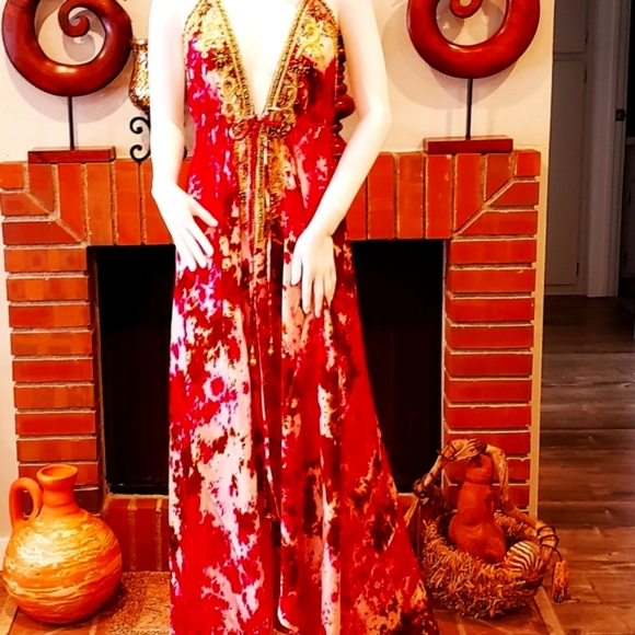 *LAST ONE***MANISH VAID Fushia/Brown Tie Dye Cry.Emb. Hi-Lo Dress OS NWT - Picture 6 of 7